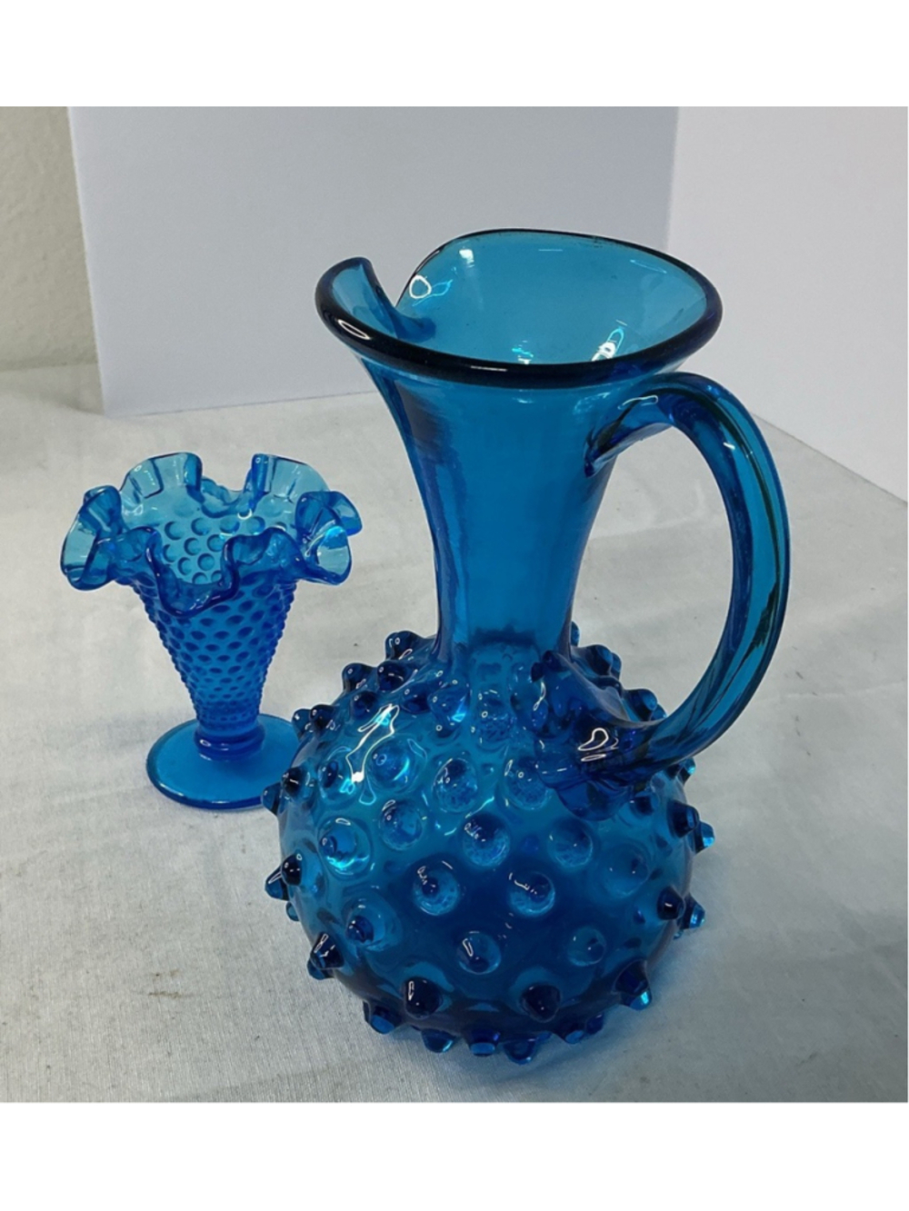 Vintage Art Glass Ruffled Edge Vase Pitcher Hobnail & Glass , Blue , 7” tall